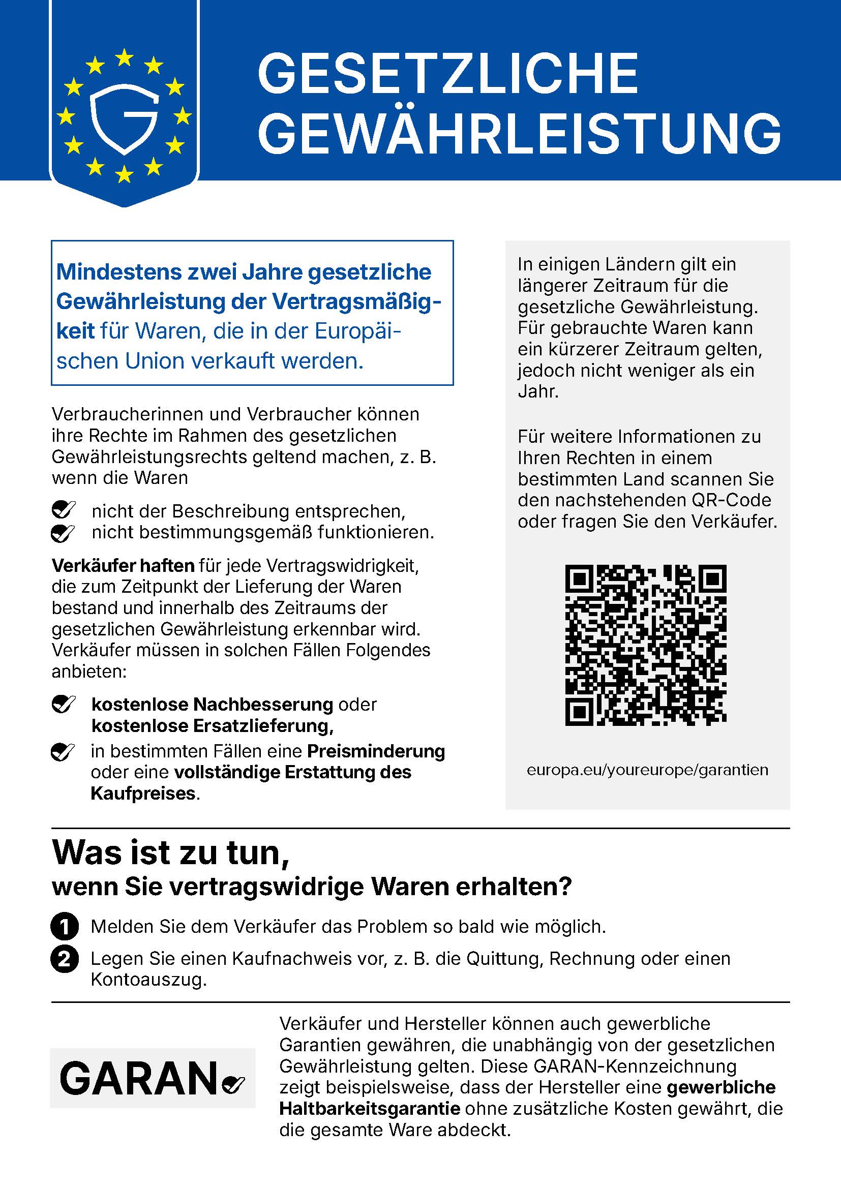 Gesetzliche Gewährleistung: Mindestens zwei Jahre gesetzliche Gewährleistung für Waren in der EU
